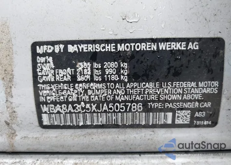 2018 BMW 320I Xi from USA, damaged, VIN WBA8A3C5XJA505786